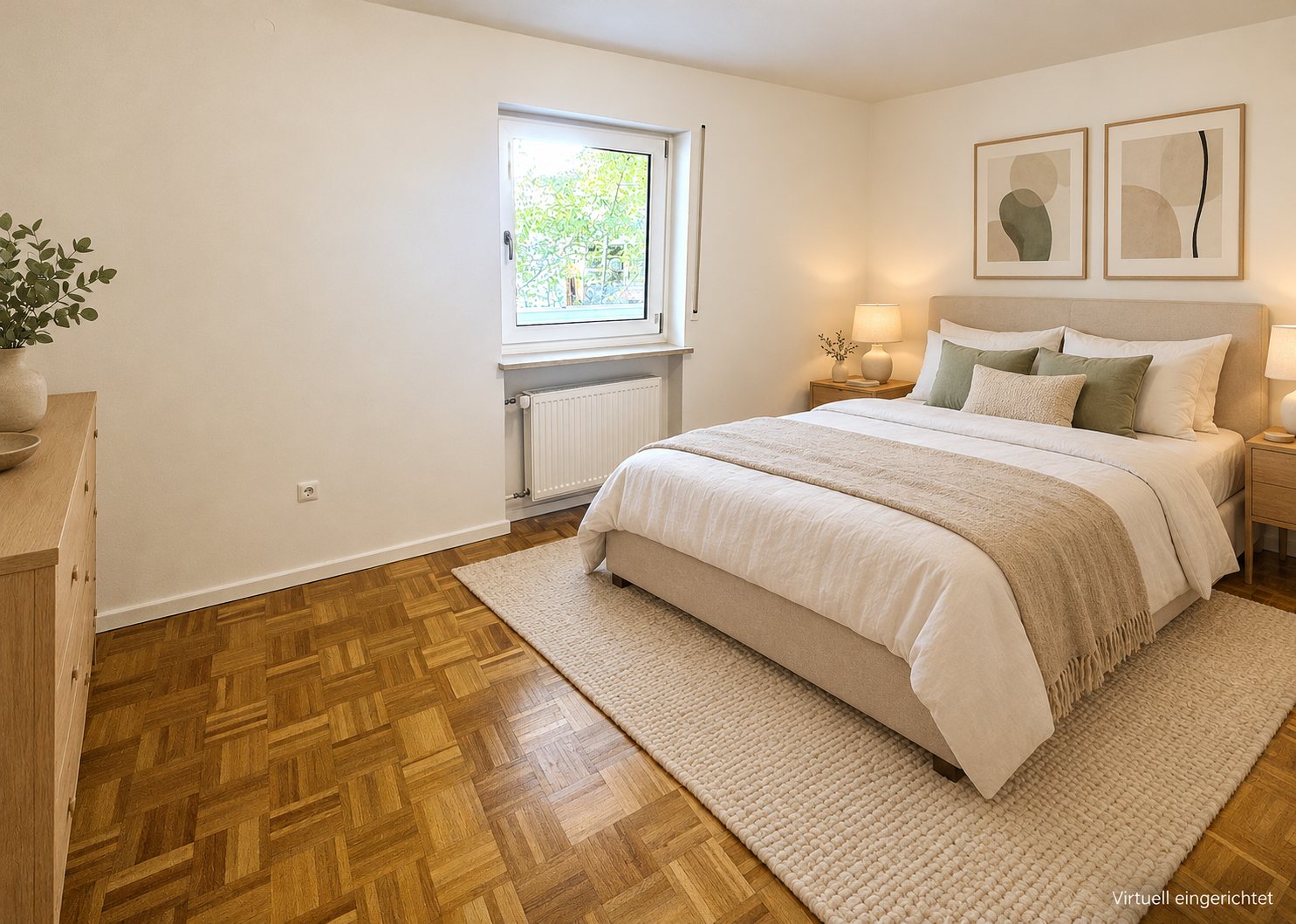 Schlafzimmer mit Parkett, virtuell eingerichtet