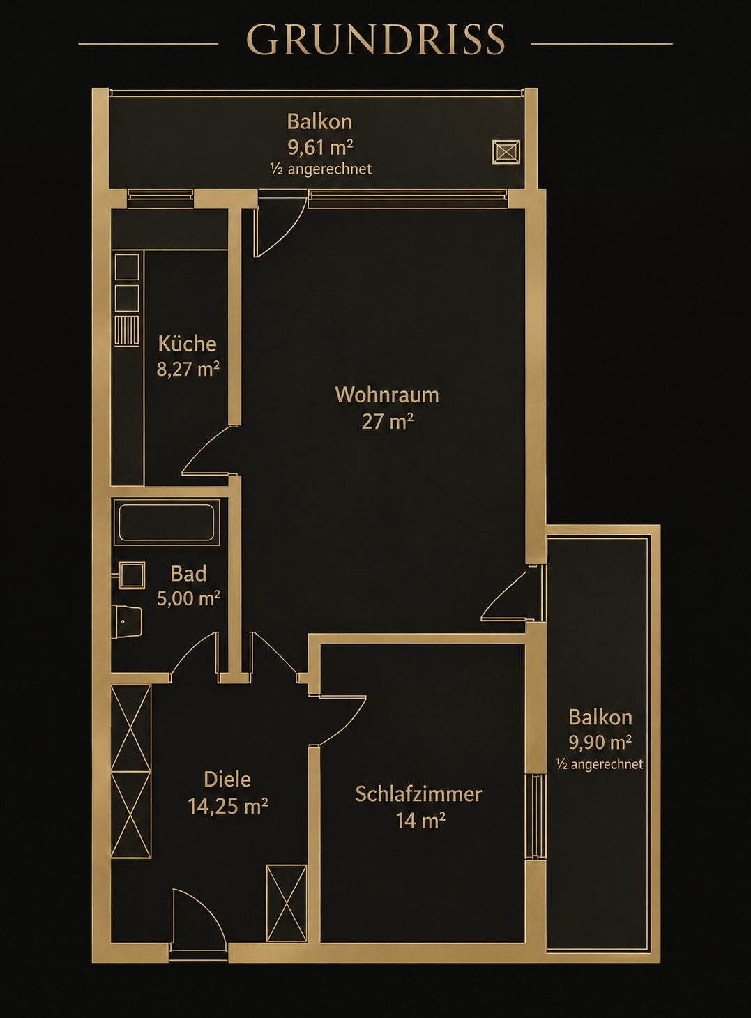 Grundriss der 2-Zimmer-Wohnung mit Wohnraum, Schlafzimmer, Küche, Bad, Diele und zwei Balkonen