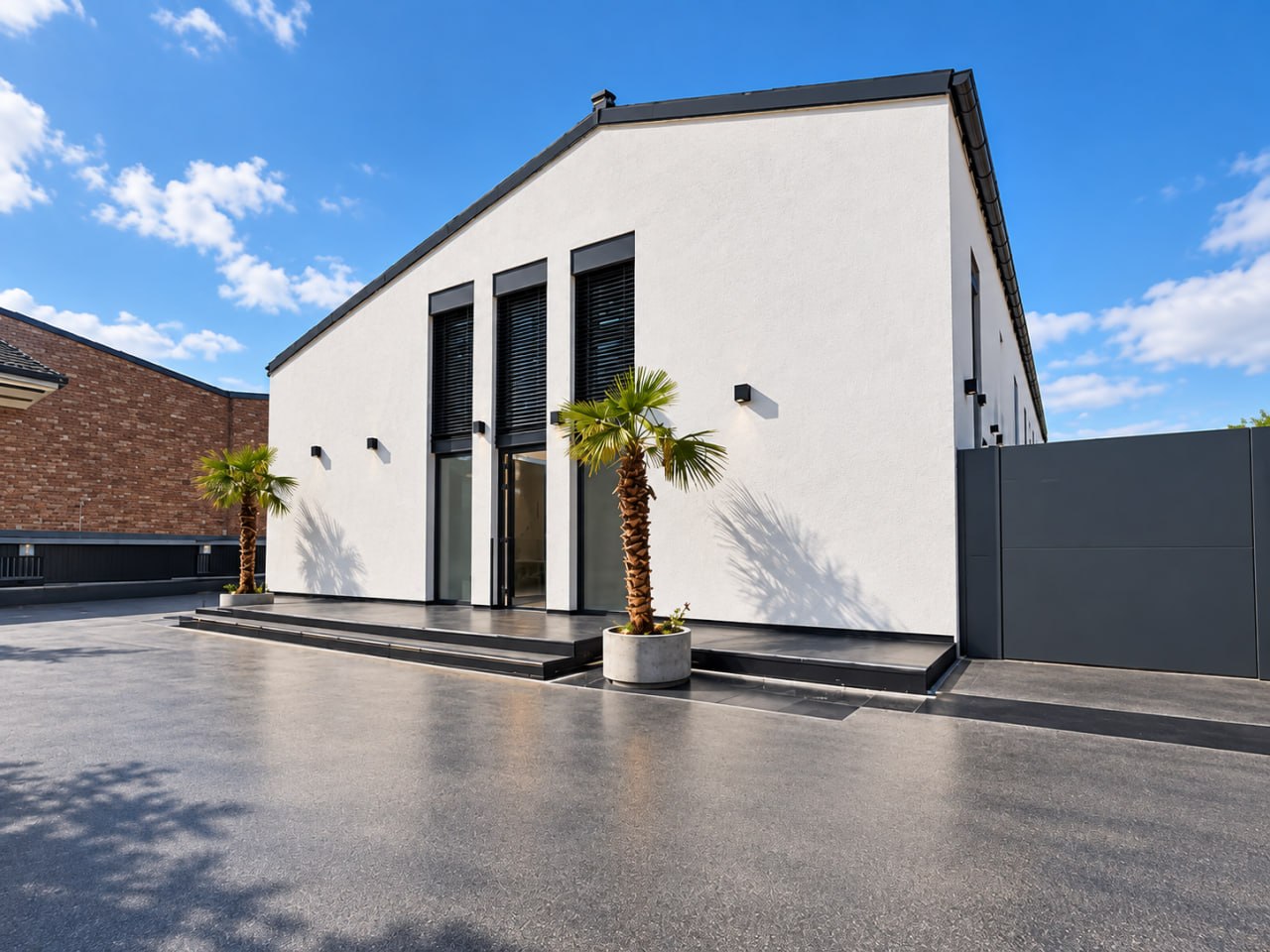 Außenansicht der Gewerbeimmobilie in Köln bei Tageslicht mit weißer Fassade und Palmen