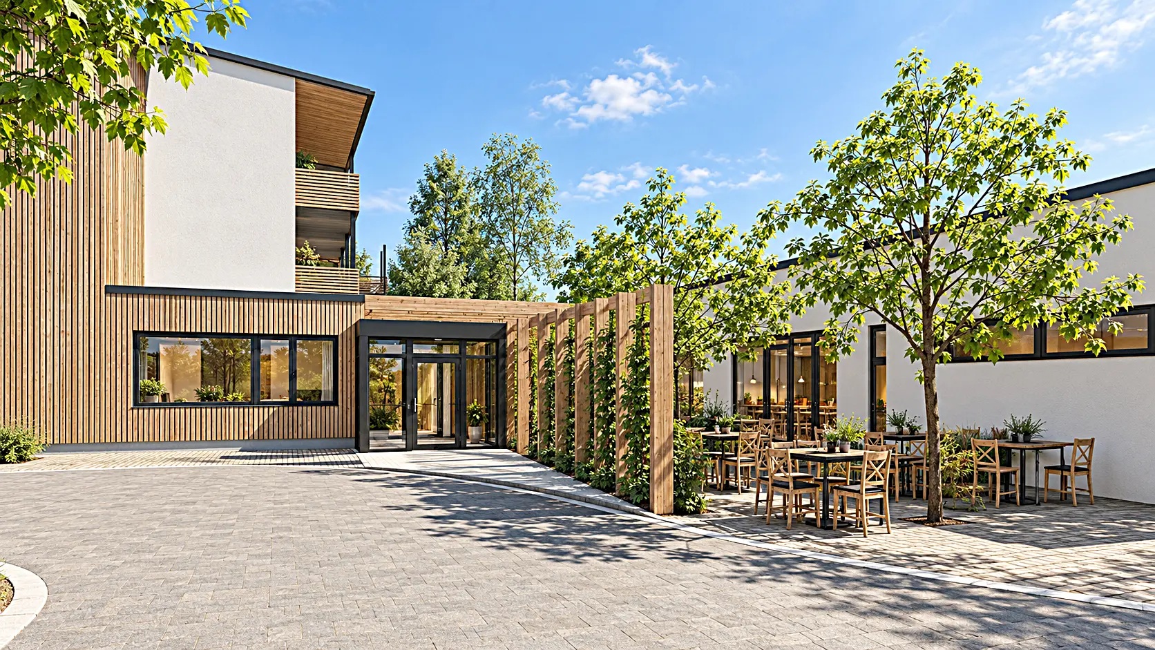 Planungsvisualisierung: Terrasse und Holzfassaden
