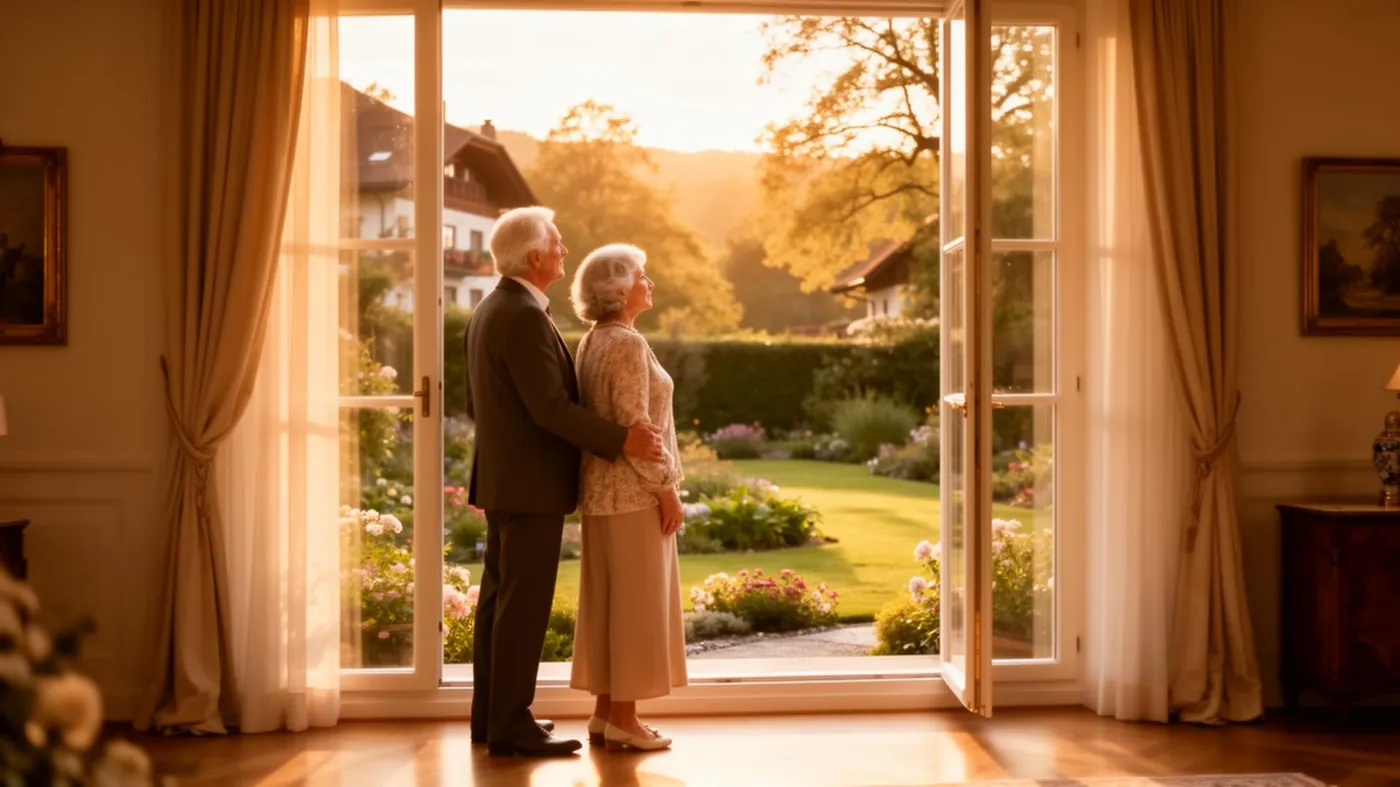 Elegantes Wohnzimmer mit Blick in den Garten — Sinnbild für lebenslanges Wohnrecht durch Nießbrauch